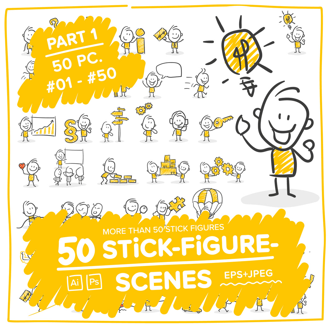 Part 1) 50 Yellow Stick-Figures Bundle #01-#50