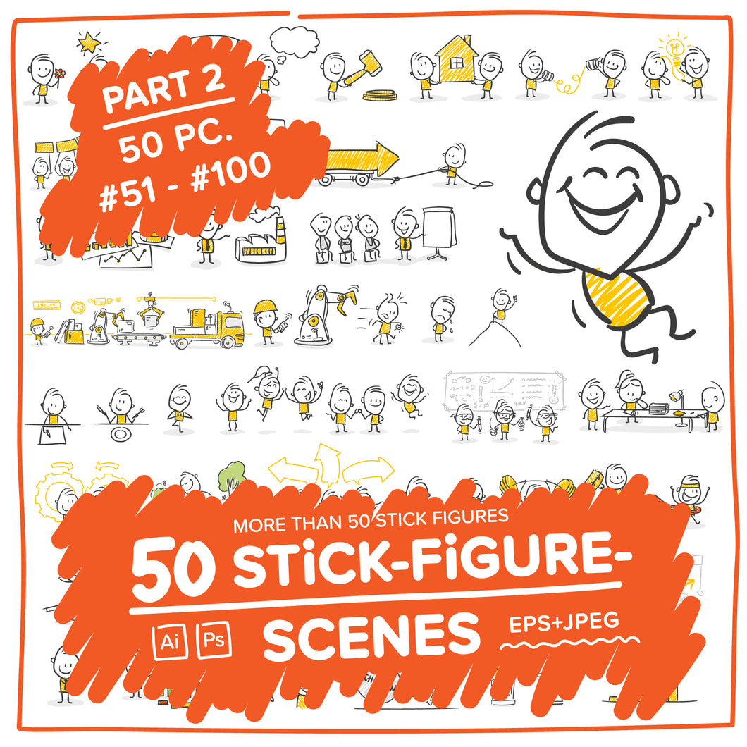 Part 2) 50 Yellow Stick-Figures Bundle #51-#100