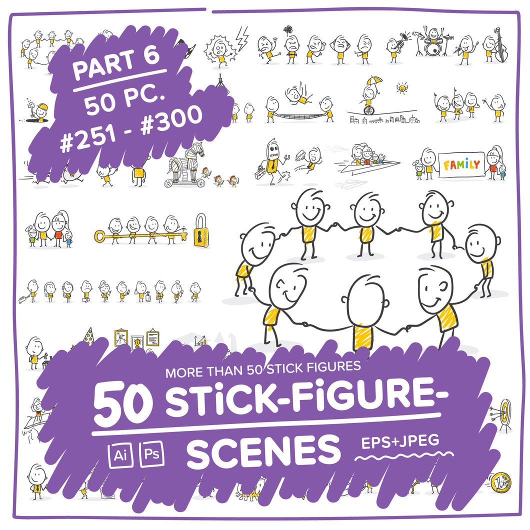 Part 6) 50 Yellow Stick-Figures Bundle #251-#300