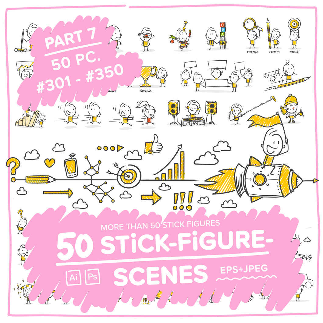 Part 7) 50 Yellow Stick-Figures Bundle #301-#350